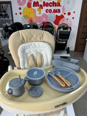 Дитячий силіконовий посуд для прикорму Kinderkit EasyMeal Cool Slate Y18 набір для годування на присосках для малюка  сірий 10 предметів тарілка секційна та глибока мисочка з кришками чашка з трубочкою ложечка виделочка