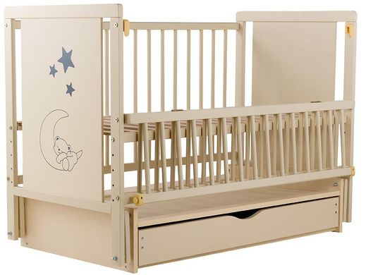 Дитяче ліжечко (кровать) ТМ Дубик-М Ведмедик для новонароджених з відкидною боковиною + маятник з шухлядою (слонова кістка)