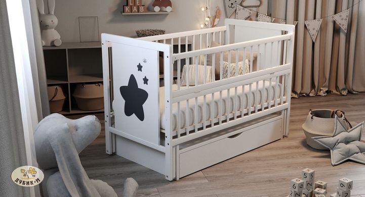 Дитяче ліжечко (кровать) ТМ Дубик-М Зірочка для новонароджених з відкидною боковиною + маятник з шухлядою, дерево бук (білий)