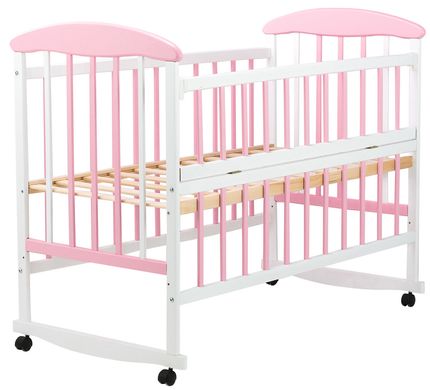Дитяче ліжечко (кровать) Наталка ОБРО для новонароджених з відкидною боковиною на колесиках, дерево вільха (біло-рожева)