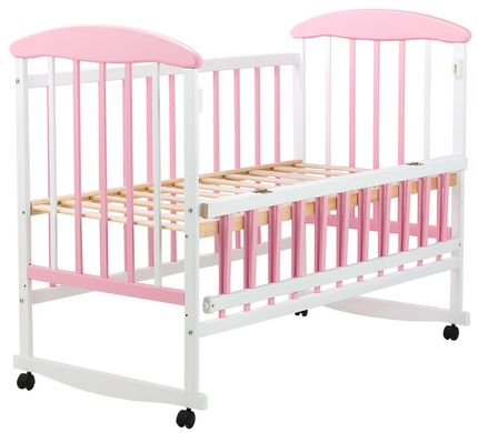 Дитяче ліжечко (кровать) Наталка ОБРО для новонароджених з відкидною боковиною на колесиках, дерево вільха (біло-рожева)