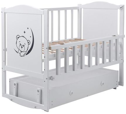 Дитяче ліжечко (кровать) ТМ Дубик-М Тедді для новонароджених з відкидною боковиною + фігурний бувець та маятник з шухлядою, дерево бук (білий)
