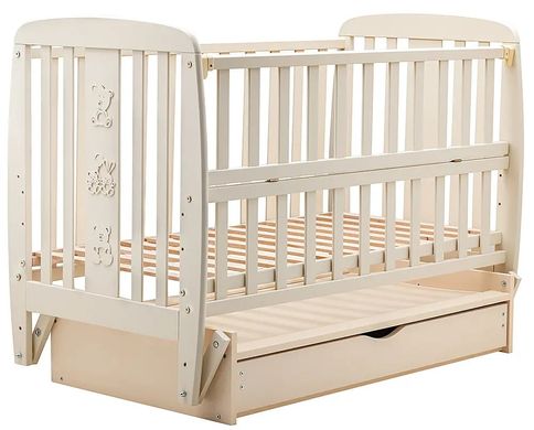Дитяче ліжечко (кровать) ТМ Дубик-М Друзі для новонароджених з відкидною боковиною + маятник з шухлядою, дерево бук (слонова кістка)