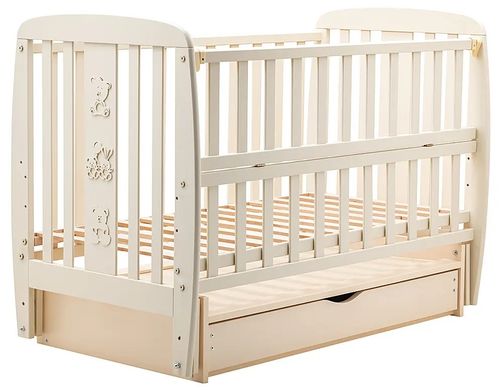 Дитяче ліжечко (кровать) ТМ Дубик-М Друзі для новонароджених з відкидною боковиною + маятник з шухлядою, дерево бук (слонова кістка)