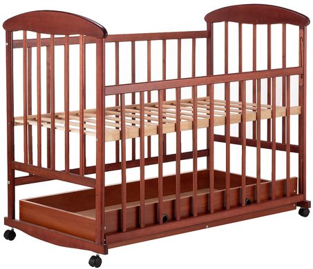 Дитяче ліжечко (кровать) Наталка ОТЯ для новонароджених з відкидною боковиною на колесиках з шухлядою, дерево вільха (темна)