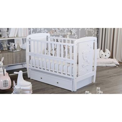 Дитяче ліжечко (кровать) ТМ Дубик-М Умка для новонароджених з відкидною боковиною + маятник з шухлядою, дерево бук (білий)