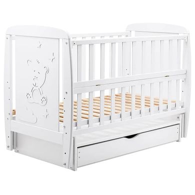 Дитяче ліжечко (кровать) ТМ Дубик-М Умка для новонароджених з відкидною боковиною + маятник з шухлядою, дерево бук (білий)