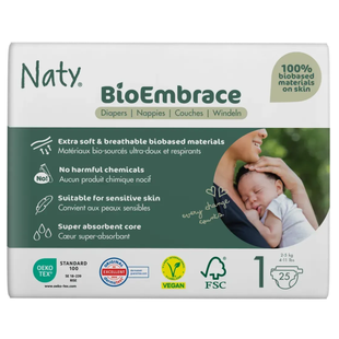Одноразові дитячі підгузки BioEmbrace "NATY". Розмір 1 (2-5 кг.), 25шт. в упаковці.