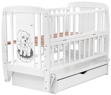 Дитяче ліжечко (кровать) ТМ Дубик-М Цуценя для новонароджених з відкидною боковиною + маятник з шухлядою, дерево бук (білий)